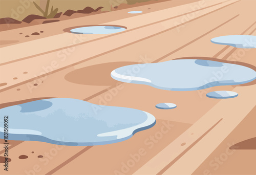 Cartoon illustration depicts a dirt road with several puddles after rainfall. Earth tones dominate