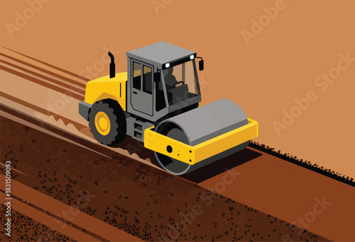 A yellow and grey construction roller compacting a fresh surface of brown material. A driver is in the cab