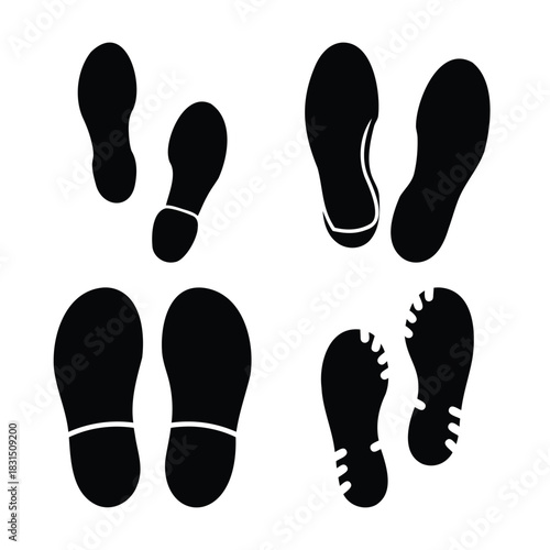 Various black shoe sole prints and footprints on a white background.