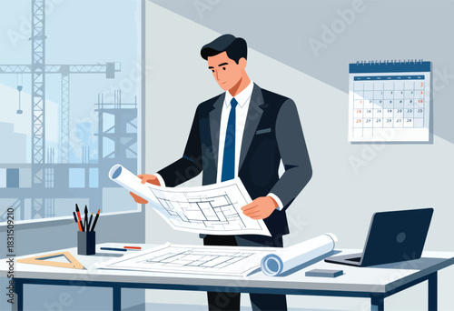 An architect in a suit examining blueprints at a desk with a laptop, calendar, and construction site view