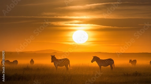 Zebras grazing in the african savanna at sunset with a bright orange sky and hazy atmosphere scene view