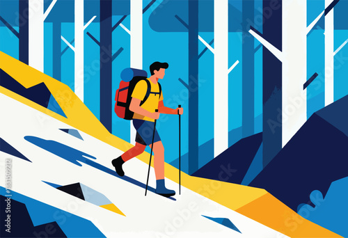 A vector illustration depicts a hiker with poles climbing a slope in a forest with abstract trees