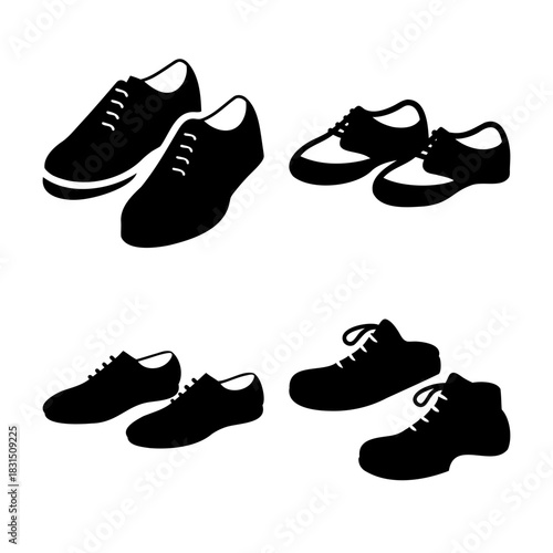 Diverse footwear silhouettes: sneakers, dress shoes, and boots.