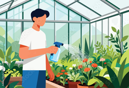 An illustration depicting a person using a spray bottle to water plants in a greenhouse, with green and orange floral life