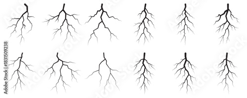 Set of ten striking black lightning bolt vector illustrations.