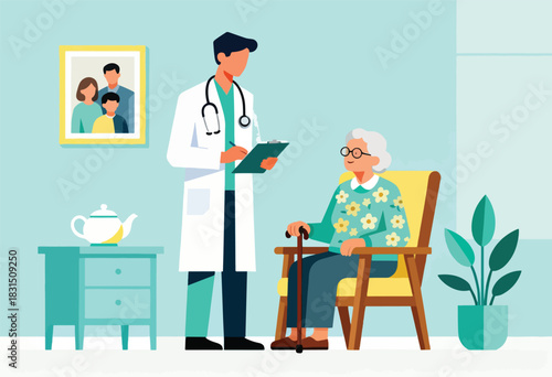 A doctor consults with an elderly woman in a cozy home setting, with family portrait, tea, and potted plant