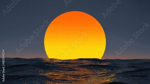 A bright yellow and orange sun setting over a dark ocean with small waves under a dark blue sky