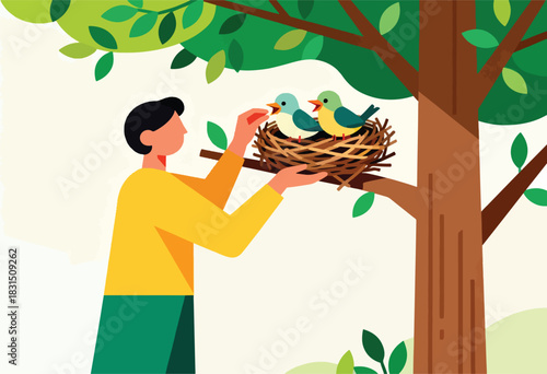Illustration depicts a person feeding two birds in a nest, nestled in a tree. Green leaves and branches are shown