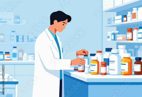 A pharmacist in a white coat examines medicine bottles on a shelf-lined counter in a stylized pharmacy setting