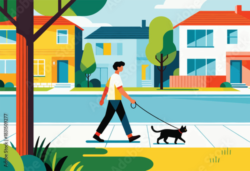 A person walks a black cat on a leash down a sidewalk in a colorful suburban neighborhood