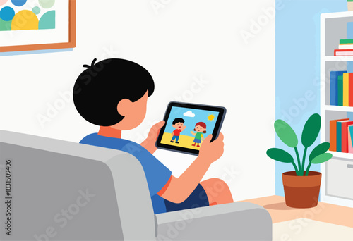 A cartoon child is seated on a grey couch, holding a tablet displaying images, surrounded by books and plants