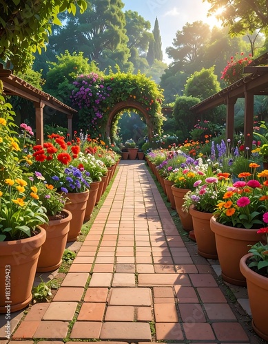 Enchanting Garden Path with Vibrant Flowers and Lush Greenery.