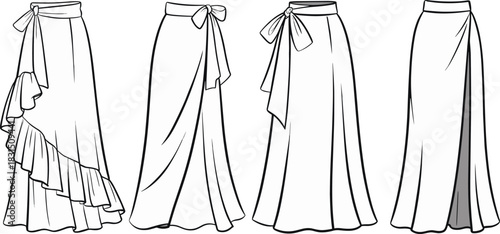 Wrap skirt flat sketch, ruffle and tie waist design, long skirt fashion cad, vector template, elegant garment illustration, outline drawing