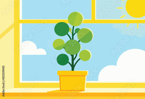 A potted plant with circular leaves sits on a sunny windowsill, with a blue sky, sun, and clouds