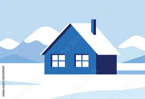 A blue minimalist house with a snowy roof, set in a winter landscape with light blue stylized mountains