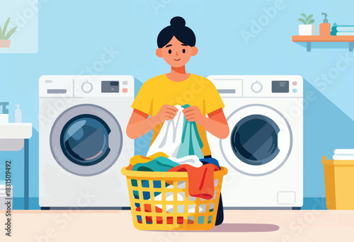 A person doing laundry in a laundry room with white washing machines and a yellow laundry basket