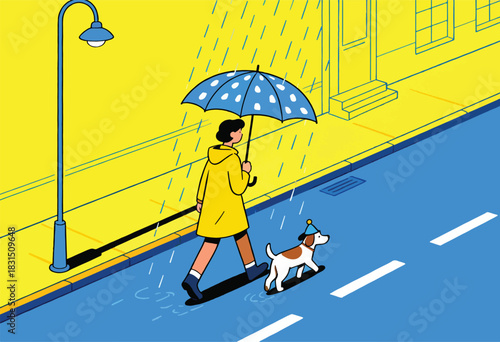 A person in a yellow raincoat and an umbrella walks a dog in the rain,  past a building and streetlamp