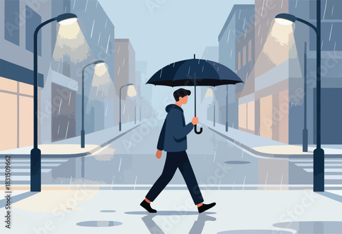 A person with an umbrella walks down a street in the rain. Streetlights illuminate the scene. City backdrop