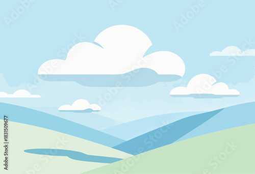 Simple illustration of a landscape with rolling hills, a waterway, and cartoon clouds in a soft blue sky