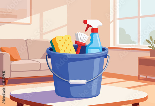 A bucket filled with cleaning supplies rests on a table in a bright, sunlit room. Sponge, brush, and spray bottle are visible