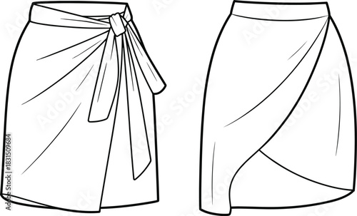 Wrap skirt with front knot detail, asymmetrical hem, draped design, stylish fashion apparel template, CAD drawing flat vector illustration