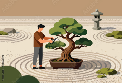 A person trims a bonsai tree in a serene Japanese garden. A stone lantern, gravel patterns complete the scene
