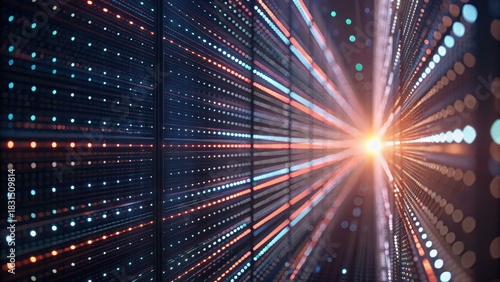 Vibrant light beams radiate from a central point, creating a dynamic visual effect reminiscent of digital technology or abstract art.