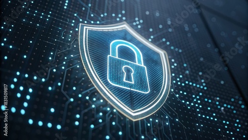 Digital illustration of a secure padlock symbol over a network of binary code, representing cybersecurity and data protection.
