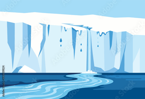 A cool minimalist depiction of a polar landscape, with a glacier and waterfall flowing into icy water