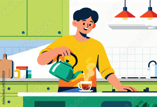 Illustration of a person in a kitchen pouring hot water from a teal kettle into a cup of tea