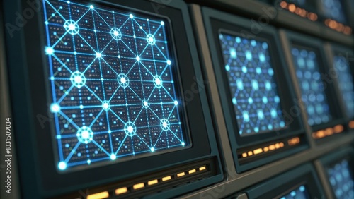 Futuristic digital displays showing interconnected nodes and patterns, suggesting technology and data connectivity.