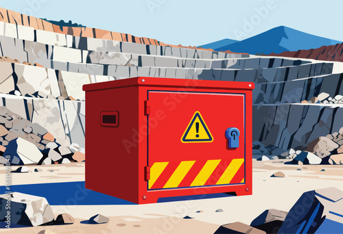 A red warning box with hazard sign sits in a quarry landscape with rock formations and a distant mountain