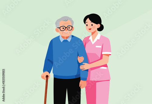 A healthcare worker in a pink uniform assists an elderly man with glasses and a cane in a flat illustration