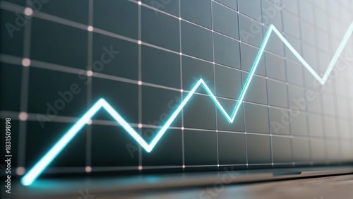 A glowing line graph shows an upward trend against a grid background, symbolizing growth and success in a business context.