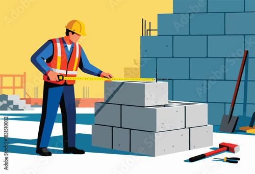A construction worker in a hard hat and safety vest measures with a tape, next to cinder blocks and tools