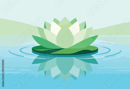 Geometric illustration of a water lily floating on a blue surface with reflections and a light green background