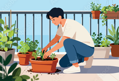 A person gardens on a balcony, tending to potted herbs and plants against a blue sky