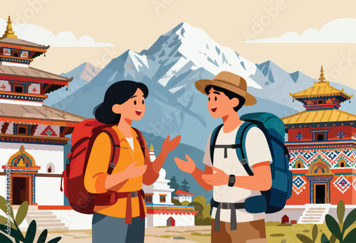 A couple with backpacks talk in front of traditional buildings and mountains. Vector style image