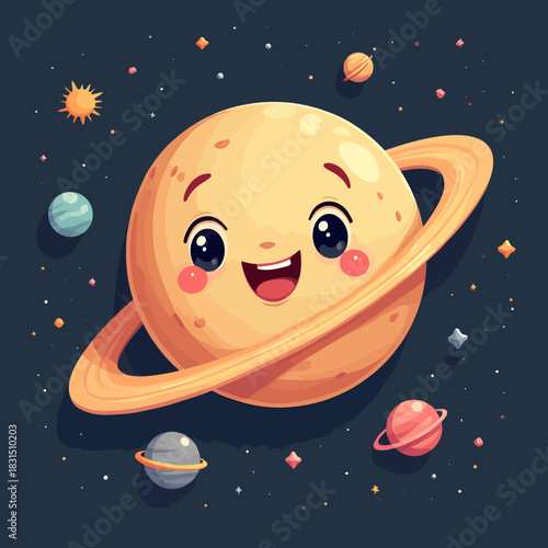 Cartoon vector illustration of a smiling planet with rings (resembling Saturn) in a dark starry space environment.