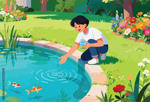 A person in a white shirt and blue pants reaches out to a pond with koi fish. Flowers and a garden surround