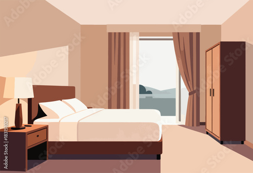 Minimalist illustration of a hotel room with bed, nightstand, lamp, window, curtains, and wardrobe, overlooking nature