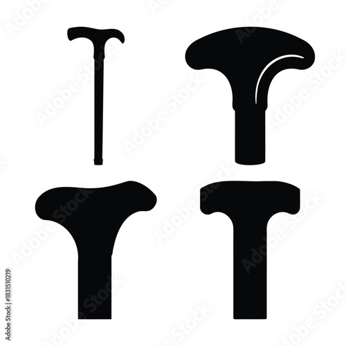 Silhouettes of different walking cane and stick handle types