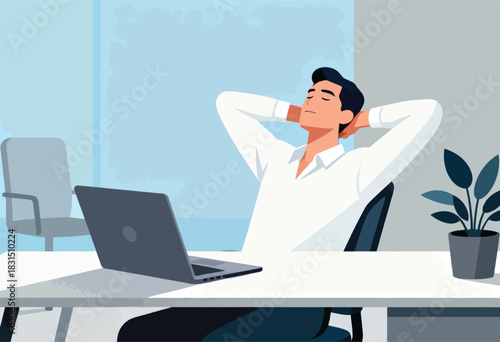 A man relaxes at a desk with a laptop and plant. He has his hands behind his head. Soft blue hues