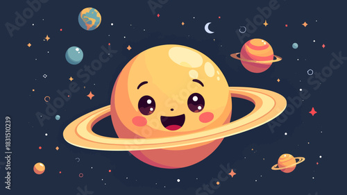 Cartoon vector illustration of a smiling planet with rings (resembling Saturn) in a dark starry space environment.