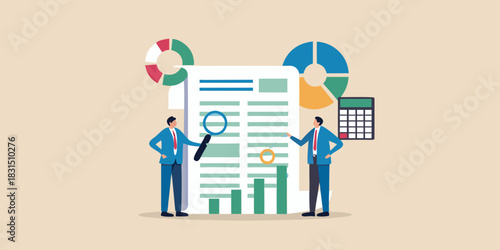 Two businessmen analyzing financial report with charts and calculator