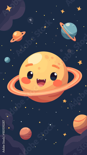 Cartoon vector illustration of a smiling planet with rings (resembling Saturn) in a dark starry space environment.