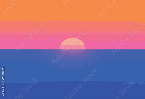 Abstract landscape with sunset hues. Above a dark blue sea, a gradient sky transitions from orange to pink