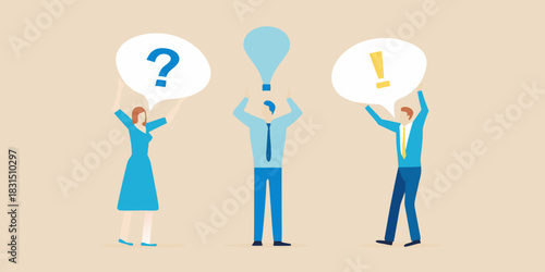 People holding speech bubbles with question mark exclamation mark and lightbulb