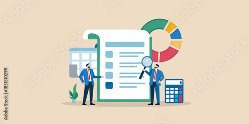 Businessmen analyze financial report and data with magnifying glass and calculator