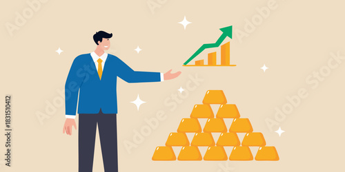 Businessman presenting gold bars and a rising stock market graph